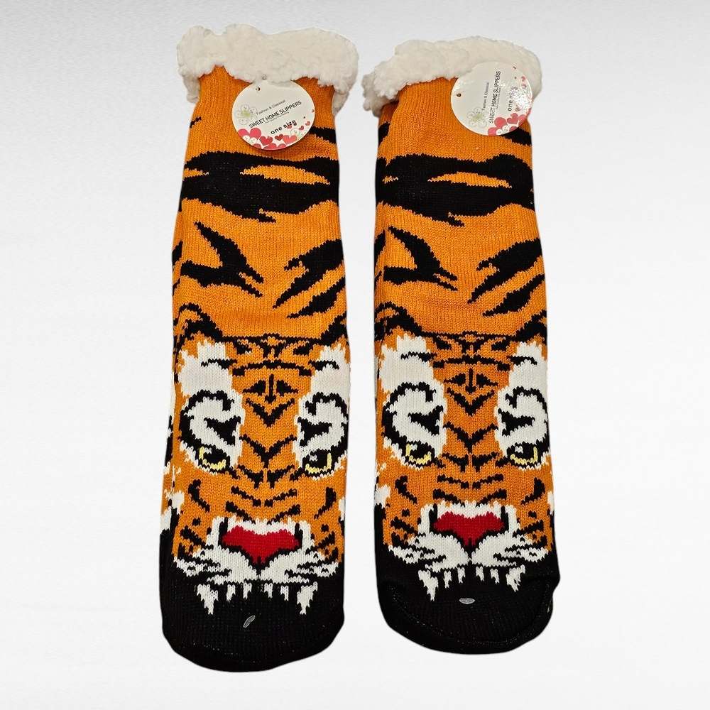Tiger Sherpa Lined Slipper Socks Non Skid One Size